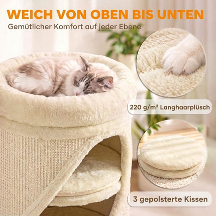 Cat Scratching Barrel 75 cm with 3 Caves and Washable Bed, Ø 35 cm, Beige
