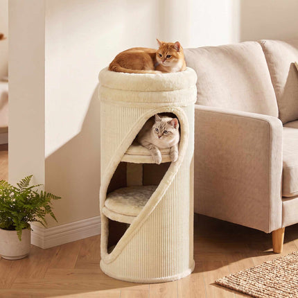Cat Scratching Barrel 75 cm with 3 Caves and Washable Bed, Ø 35 cm, Beige