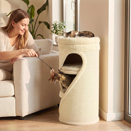 Cat Scratching Barrel 75 cm with 3 Caves and Washable Bed, Ø 35 cm, Beige