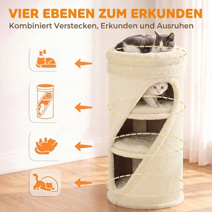 Cat Scratching Barrel 75 cm with 3 Caves and Washable Bed, Ø 35 cm, Beige