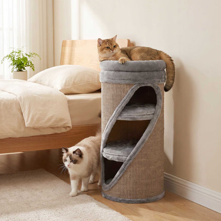 Cat Scratching Barrel 75 cm with 3 Caves and Washable Bed, Ø 35 cm, Grey