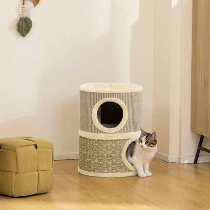 Turn de zgâriat pentru pisici, 49 cm, 2 niveluri, margine plușată, kaki