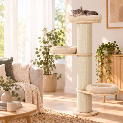 Cat Scratching Tree with 3 Cushioned Platforms, 187 cm – Beige, Sisal Post
