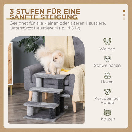 Pet stairs, 3 steps with play ball, plush gray 45x40x48cm