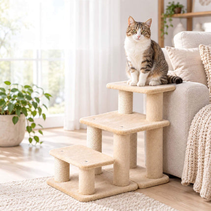 Cat Stairs with 3 Steps and Sisal Posts, 6-in-1 Adjustable – Beige, Max. 40 kg