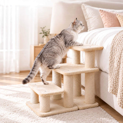 Cat Stairs with 3 Steps and Sisal Posts, 6-in-1 Adjustable – Beige, Max. 40 kg