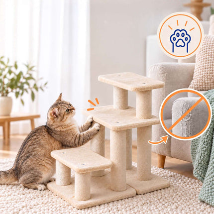 Cat Stairs with 3 Steps and Sisal Posts, 6-in-1 Adjustable – Beige, Max. 40 kg