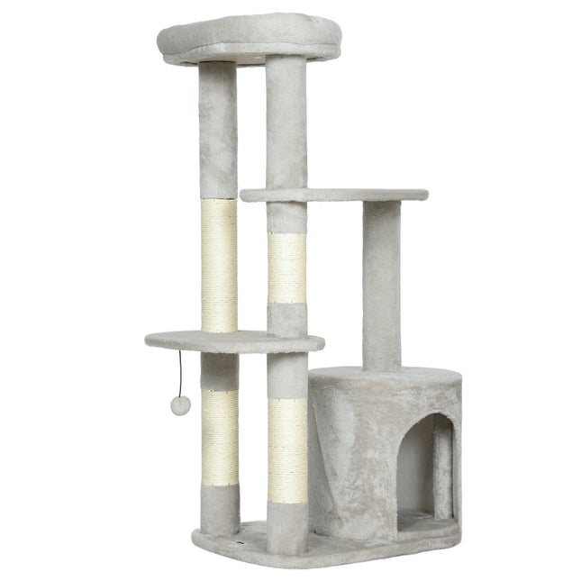 Turn pentru pisici 114 cm, stâlpi din sisal, cu mai multe niveluri, gri deschis