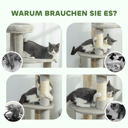 Turn pentru pisici 114 cm, stâlpi din sisal, cu mai multe niveluri, gri deschis