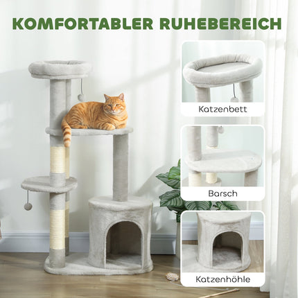 Turn pentru pisici 114 cm, stâlpi din sisal, cu mai multe niveluri, gri deschis