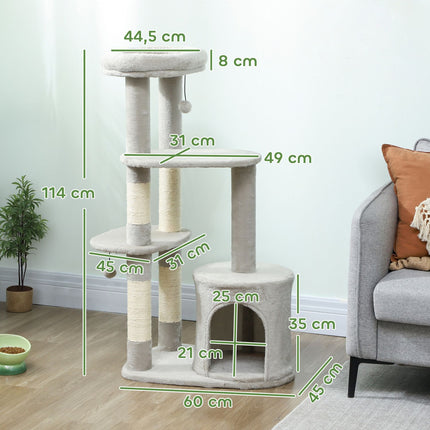 Turn pentru pisici 114 cm, stâlpi din sisal, cu mai multe niveluri, gri deschis