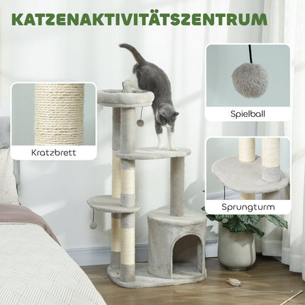 Turn pentru pisici 114 cm, stâlpi din sisal, cu mai multe niveluri, gri deschis