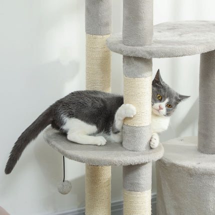Turn pentru pisici 114 cm, stâlpi din sisal, cu mai multe niveluri, gri deschis