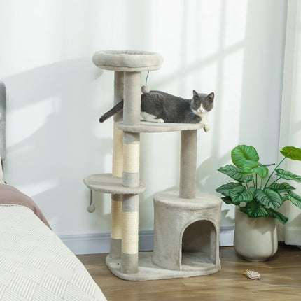 Turn pentru pisici 114 cm, stâlpi din sisal, cu mai multe niveluri, gri deschis