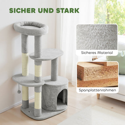 Turn pentru pisici 114 cm, stâlpi din sisal, cu mai multe niveluri, gri deschis