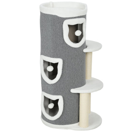 Turn pentru pisici cu 3 niveluri, stâlpi din sisal, gri, 101 cm