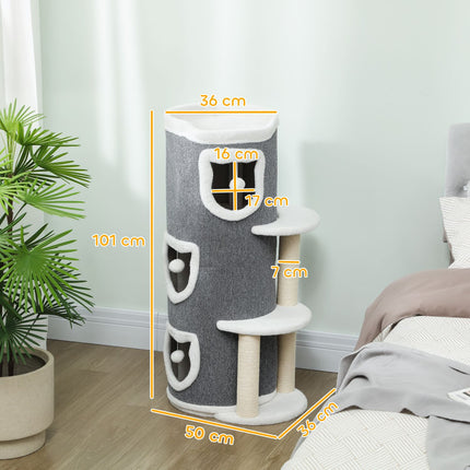 Turn pentru pisici cu 3 niveluri, stâlpi din sisal, gri, 101 cm