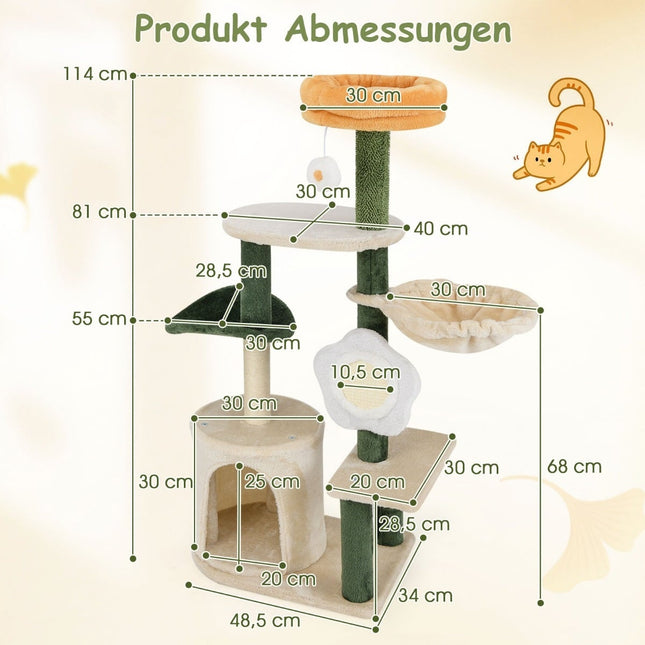 Ansamblul pentru pisici 114cm cu peșteră și șezut cu flori – Verde/Bej
