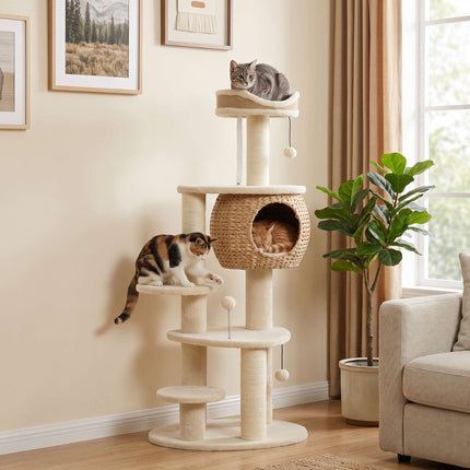 Cat Tree 132 cm with Woven Cattail Cave and Top Bed, 3 Sisal Posts, Up to 6 kg
