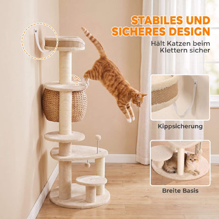 Cat Tree 132 cm with Woven Cattail Cave and Top Bed, 3 Sisal Posts, Up to 6 kg