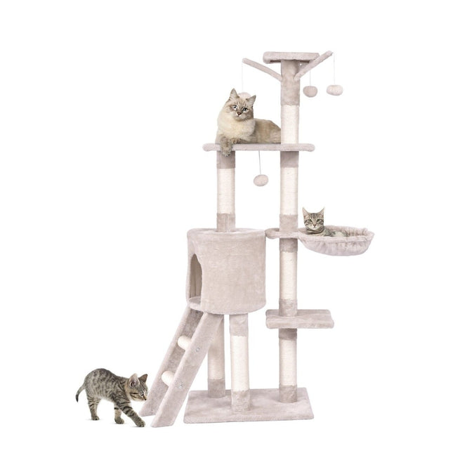Ansamblul pentru pisici 140 cm cu platforme, stâlpi din sisal, bej