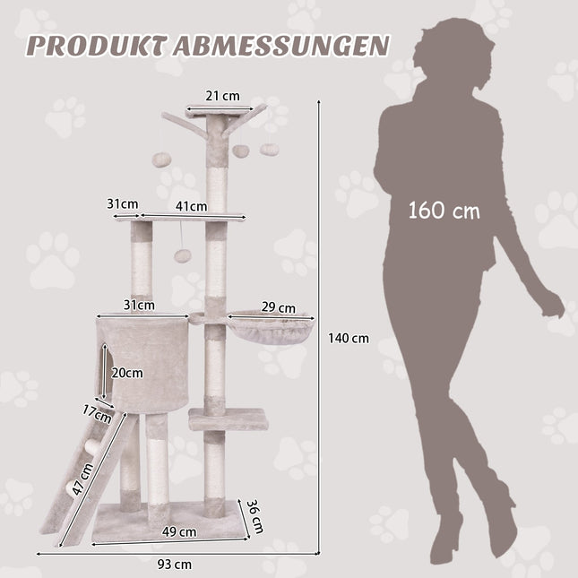 Ansamblul pentru pisici 140 cm cu platforme, stâlpi din sisal, bej