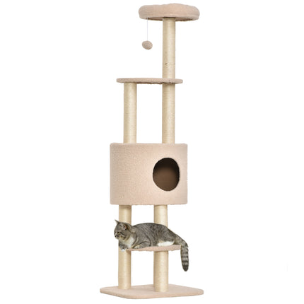 Ansamblul pentru pisici 148 cm cu grotă, stâlpi din sisal, bej