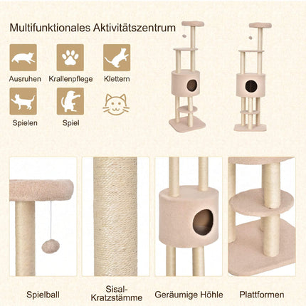 Ansamblul pentru pisici 148 cm cu grotă, stâlpi din sisal, bej