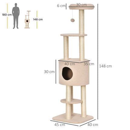 Ansamblul pentru pisici 148 cm cu grotă, stâlpi din sisal, bej