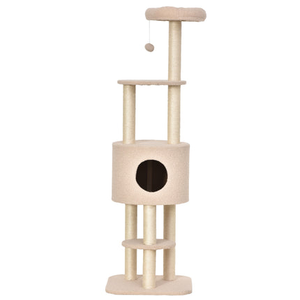 Ansamblul pentru pisici 148 cm cu grotă, stâlpi din sisal, bej