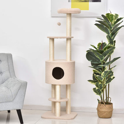 Ansamblul pentru pisici 148 cm cu grotă, stâlpi din sisal, bej