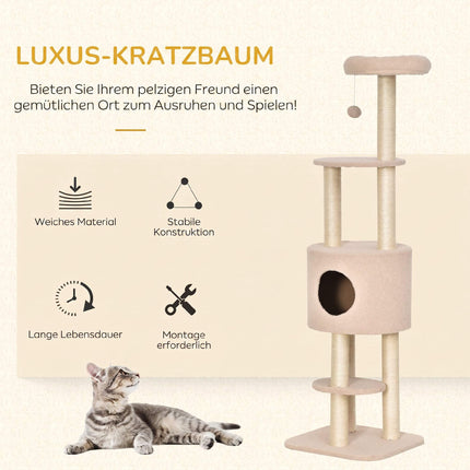 Ansamblul pentru pisici 148 cm cu grotă, stâlpi din sisal, bej