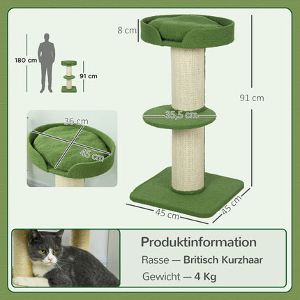 Arborele Pisicii 91cm cu Pat, Platforme, Stalpi Sisal, Verde