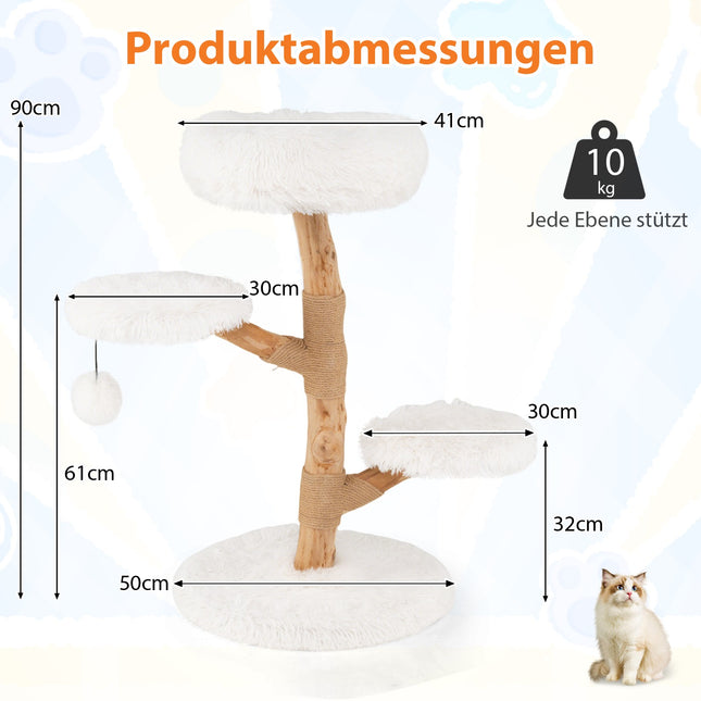 Turn pentru pisici, 90 cm, lemn de par, alb, cu mai multe niveluri