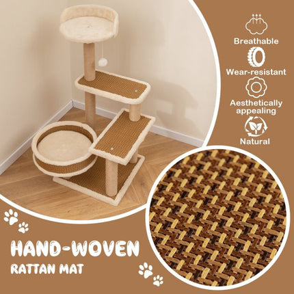 Turn pentru pisici 90 cm, covoraș din ratan, stâlpi de zgâriat