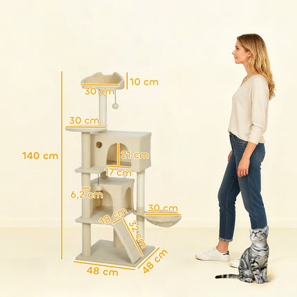 Turn pentru pisici cu hamac, scară, peșteră, 140 cm, bej