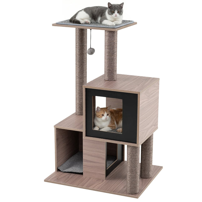 Turn pentru pisici cu stâlpi din sisal, 2 peșteri, 94 cm, gri