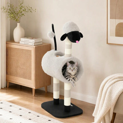 Cat Tree in Sheep Design with Scratching Posts and Tunnel, 98 cm, Light Grey