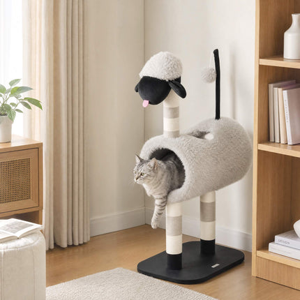 Cat Tree in Sheep Design with Scratching Posts and Tunnel, 98 cm, Light Grey