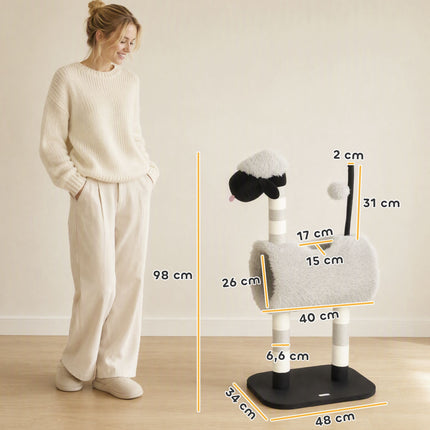 Cat Tree in Sheep Design with Scratching Posts and Tunnel, 98 cm, Light Grey