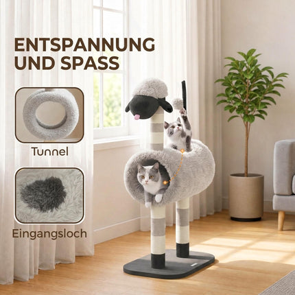 Cat Tree in Sheep Design with Scratching Posts and Tunnel, 98 cm, Light Grey