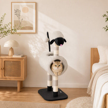 Cat Tree in Sheep Design with Scratching Posts and Tunnel, 98 cm, Light Grey