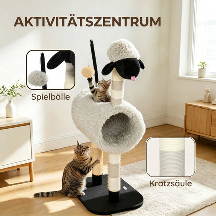 Cat Tree in Sheep Design with Scratching Posts and Tunnel, 98 cm, Light Grey