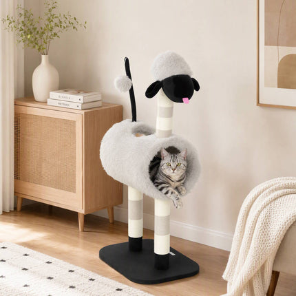Cat Tree in Sheep Design with Scratching Posts and Tunnel, 98 cm, Light Grey