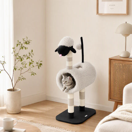 Cat Tree in Sheep Design with Scratching Posts and Tunnel, 98 cm, Light Grey