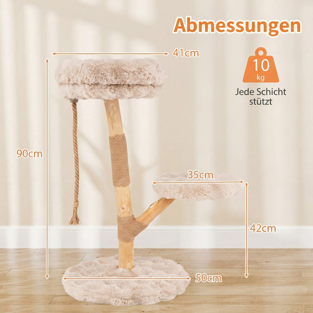 Ansamblul pentru pisici cu 3 platforme plușate, stâlpi din iută, 90 cm, bej