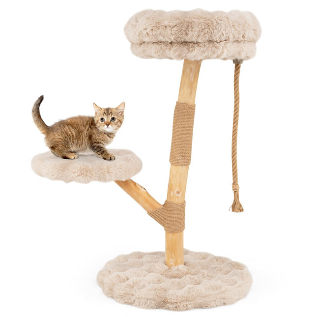 Ansamblul pentru pisici cu 3 platforme plușate, stâlpi din iută, 90 cm, bej