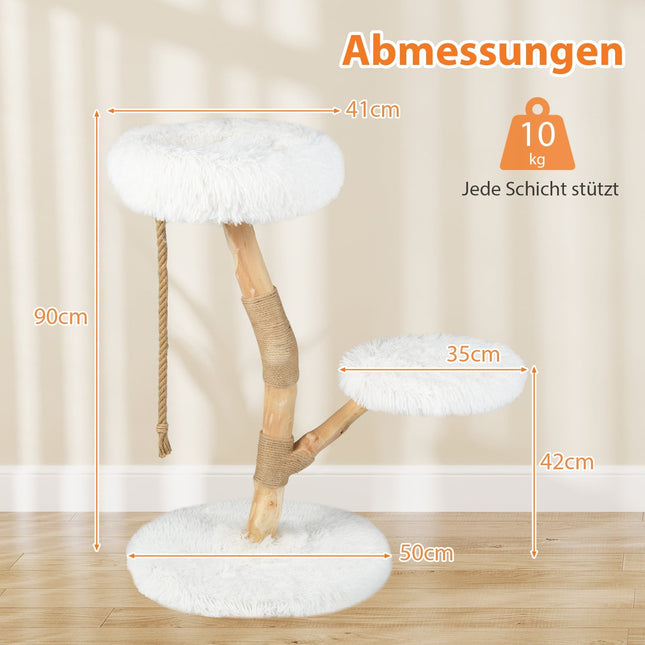Ansamblu pentru pisici cu 3 platforme plușate, stâlpi din iută, 90 cm