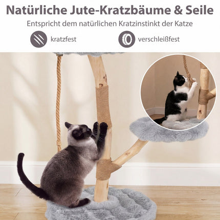 Ansamblul pentru pisici cu 3 platforme plușate, stâlpi din iută, 90 cm, gri