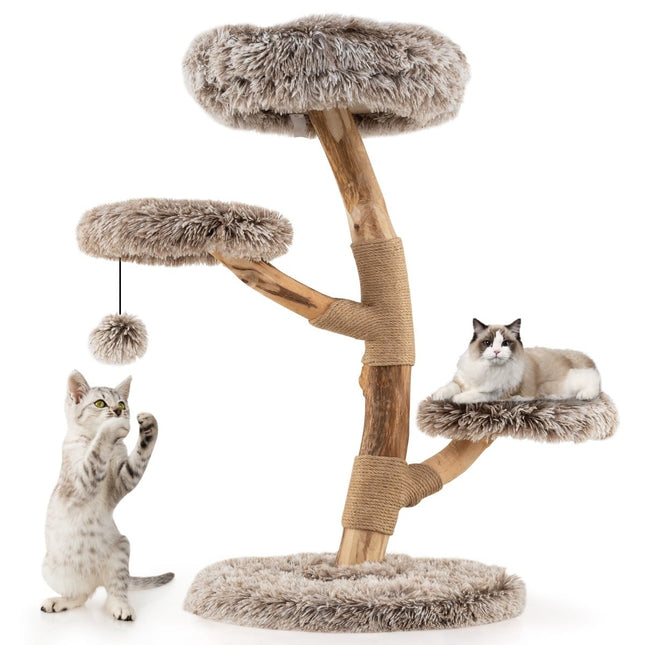 Ansamblul pentru pisici cu 4 niveluri de pluș, lemn de mesteacăn, stâlpi din iută